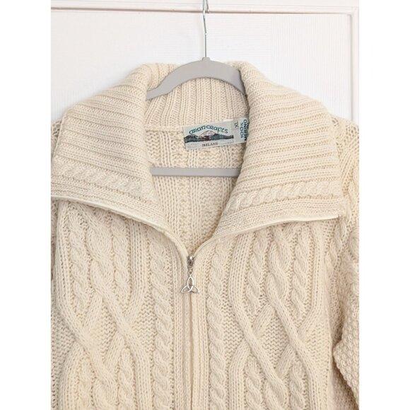 Aran Craft Ivory Merino Wool Zip Cardigan Sweater Cable Knit Fisherman Sz XL - Picture 2 of 11